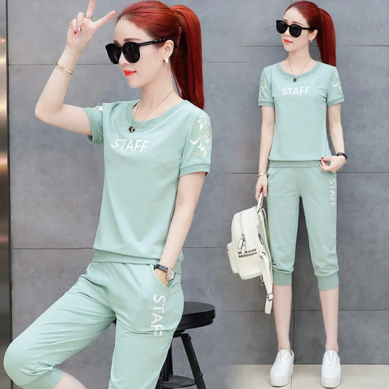 

609#Women's Sportswear Suit Summer2022New Western Style Student Fashion Casual Short-Sleeved Cropped Pants Two-Piece Set