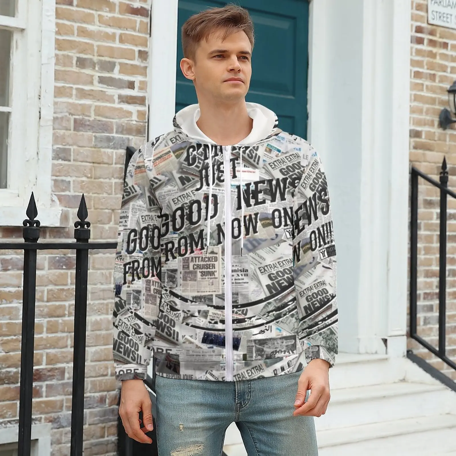 

Vintage Newspaper Hoodie Headlines Collage Mens Autumn Hoodies Popular Zip Up Hoodie Plus Size