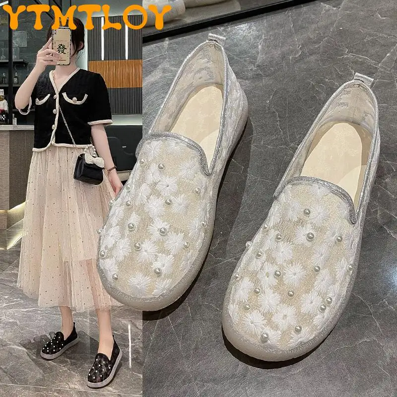 

Net Sand Beggar Embroidered Beanie Shoes Women's 2022 Early Autumn New Breathable Lazy One Step Soft Sole Shoes Flat Shoes