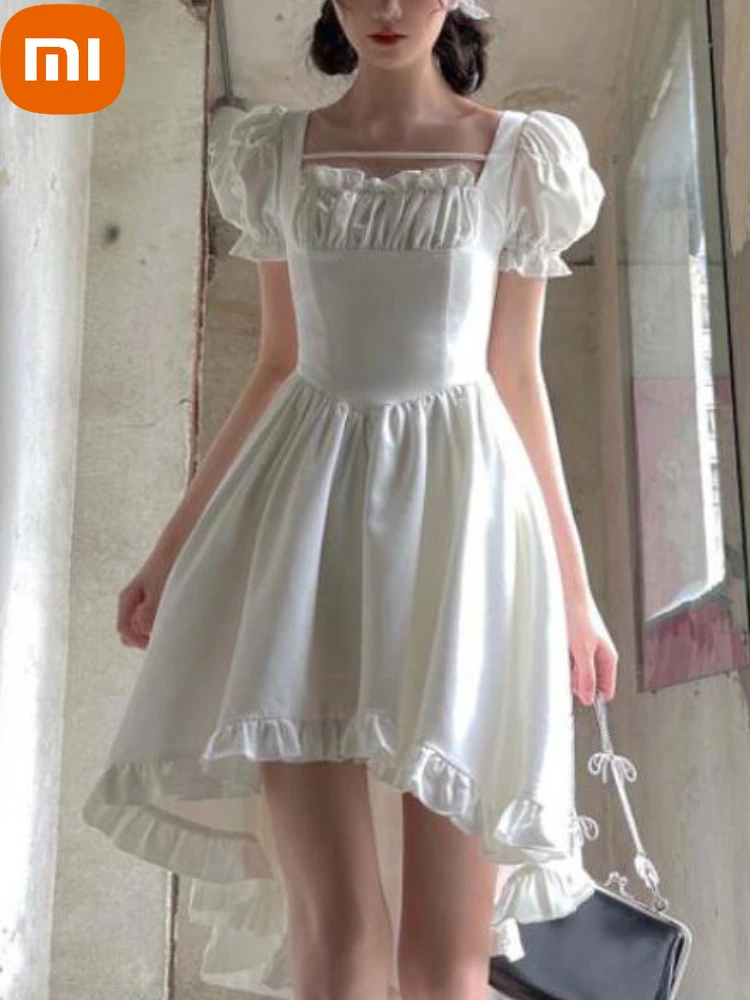 

XIAOMI Summer Elegant Dress Women Korean Party Mini Dresses Female Designer Chic Square Collar Puff Sleeve Fashion Dress Casual