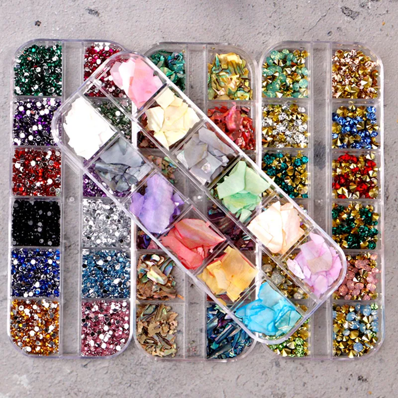 

12Grids/Box Alloy Rivet Pearl 3D Nail Art Decorations Nails Rhinestones 3D Manicure Glitter DIY 12Designs/Sizes Gems Accessories