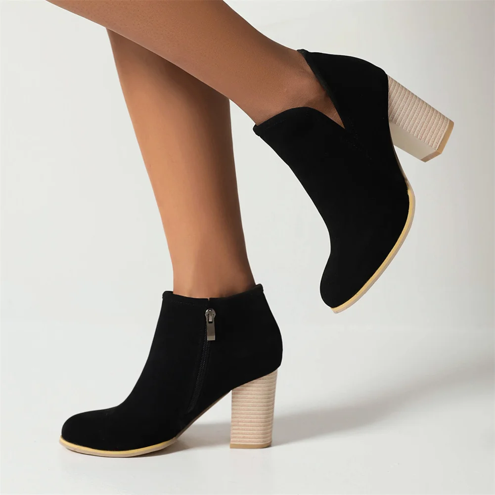 Big Size 34-43 Brand New Ladies Solid Ankle Boots Fashion Zip Chunky High Heels women's Boots Causal Party Office Shoes Woman