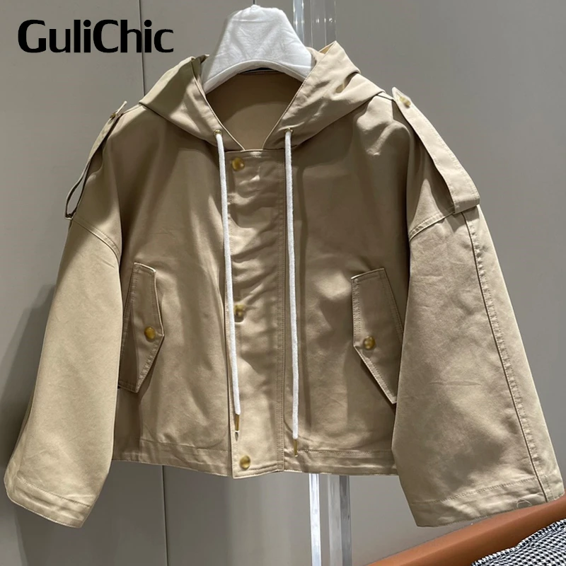 

9,15 GuliChic женский темпераментный хаки с капюшоном с кулиской эполет однобортный Повседневный короткий пиджак