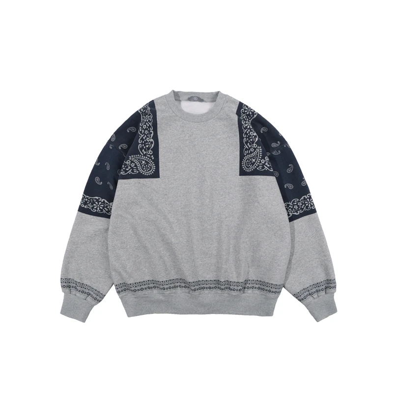 

High Street Cashew Print Spliced Fleece Sweatshirts Men and Women Crew Neck Retro Casual Oversized Winter Pullover Hoodies