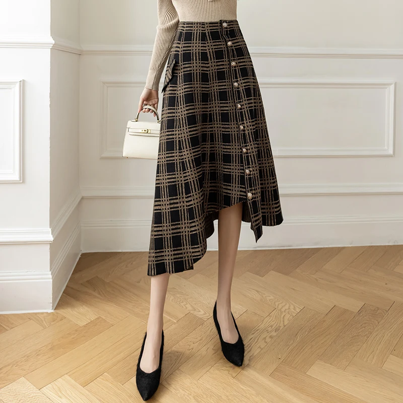 

Осенне-зимняя тонкая однобортная вязаная Асимметричная дамская юбка в клетку в британском стиле ретро с высокой талией