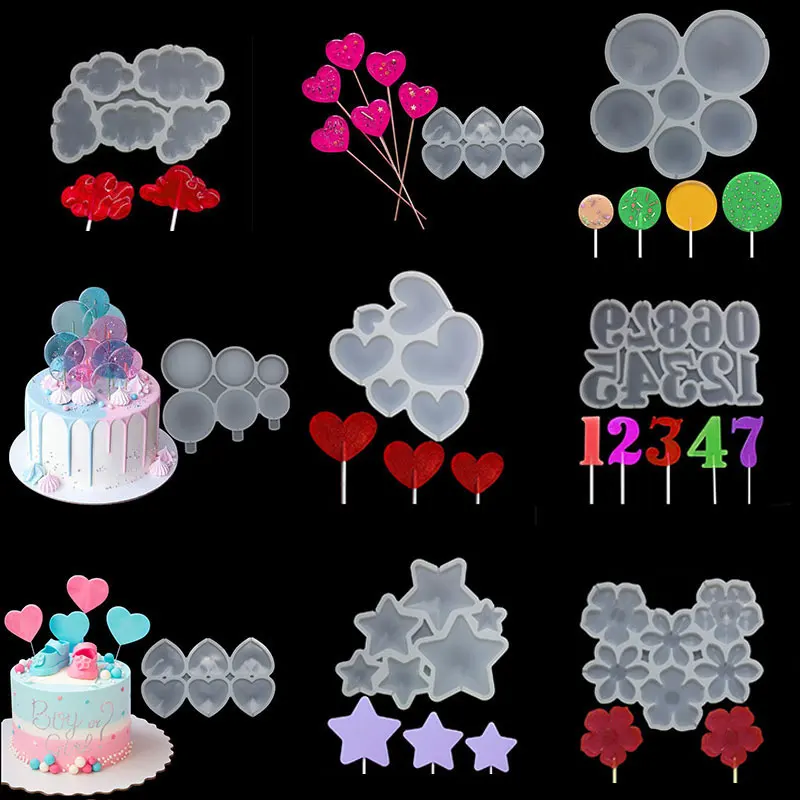 

Epoxy Resin Lollipop Mold Star Heart Numbers Round Flowers Silicone Molds for Hard Candy Cake Decorating Sugarcraft Tools