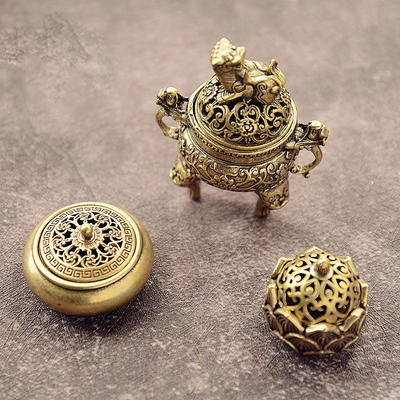 

Brass Pocket Lotus Jiuding Incense Burner Hollow Incense Mini Incense Burner