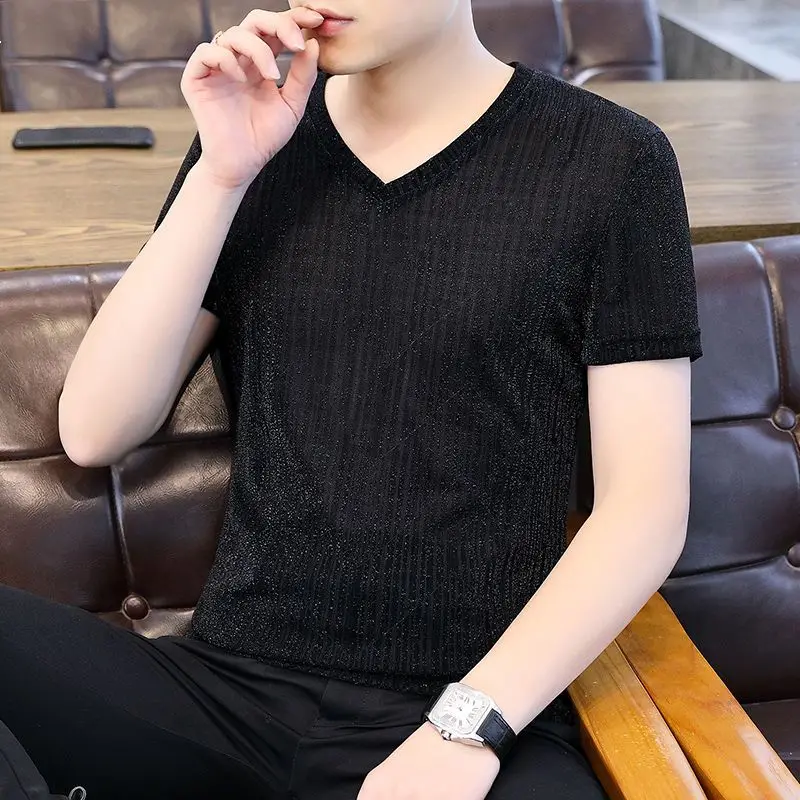 

Summer Men's Short-sleeved V-neck Net Gauze Gold Ice Silk New T-shirt Korean Slim Thin Style Fashion Youth Trend Jacquard Weave