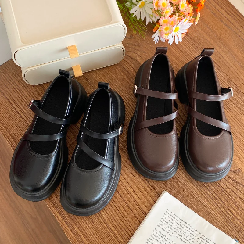

2023 New Mary Jane Shoes Fashion Leather Preppy Round Toe Lolita Flat Shoes Retro Buckle Student Uniform Simple Leather Shoes