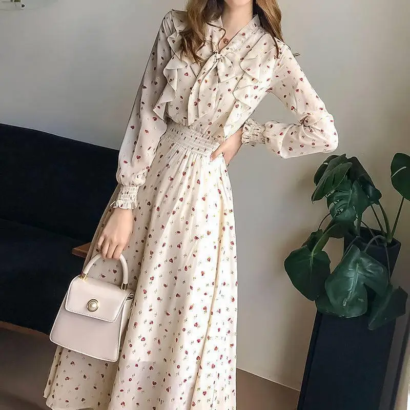

Elegant Chiffon Floral Dress for Women Robe Spring 2023 New Fashion Vintage Lantern Sleeve A Line Party Long Dresses