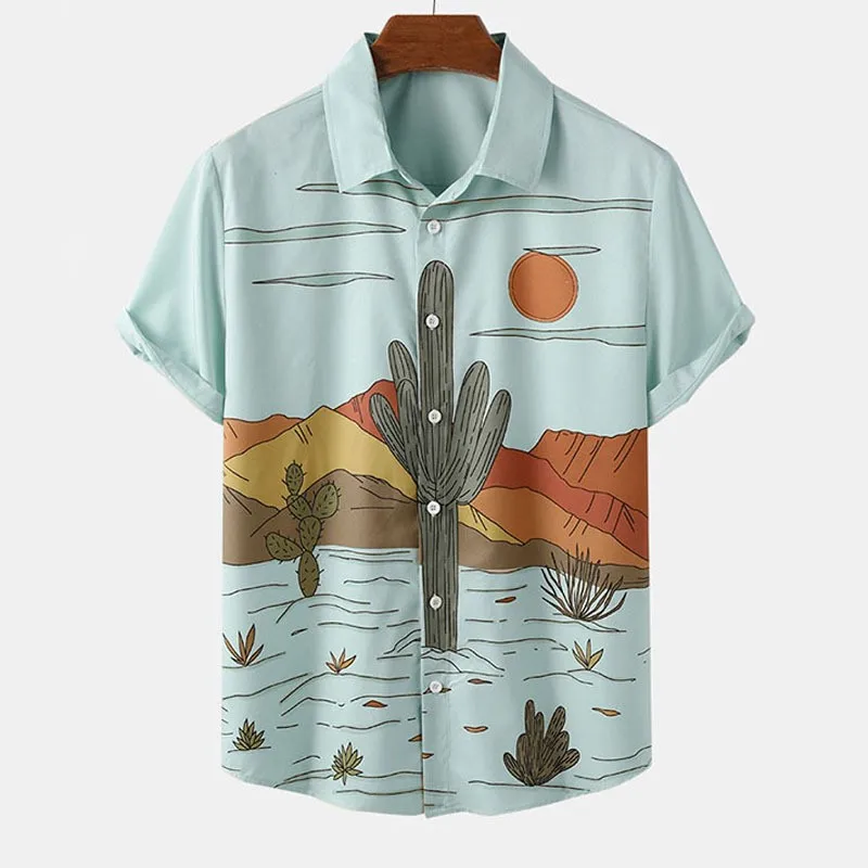 

Retro Sun Print Loose Shirt Mens Vacation Celestial Casual Shirts Hawaii Short Sleeve Novelty Oversize Blouses