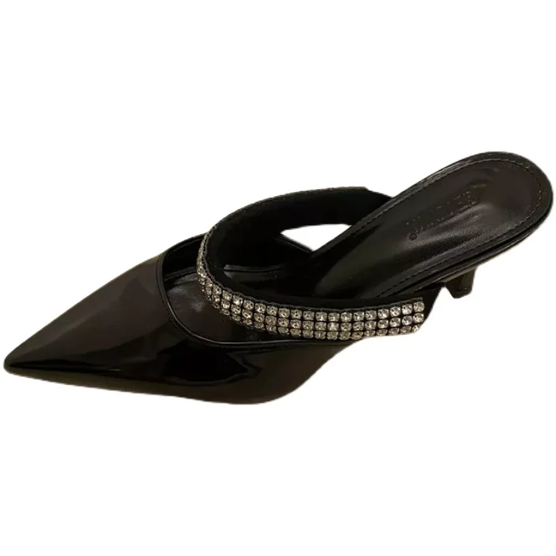 

2022 New Pointed Shallow Mouth Rhinestone With Baotou Back Empty Slippers Women's Fashion Temperament Thin High-heeled Sandals