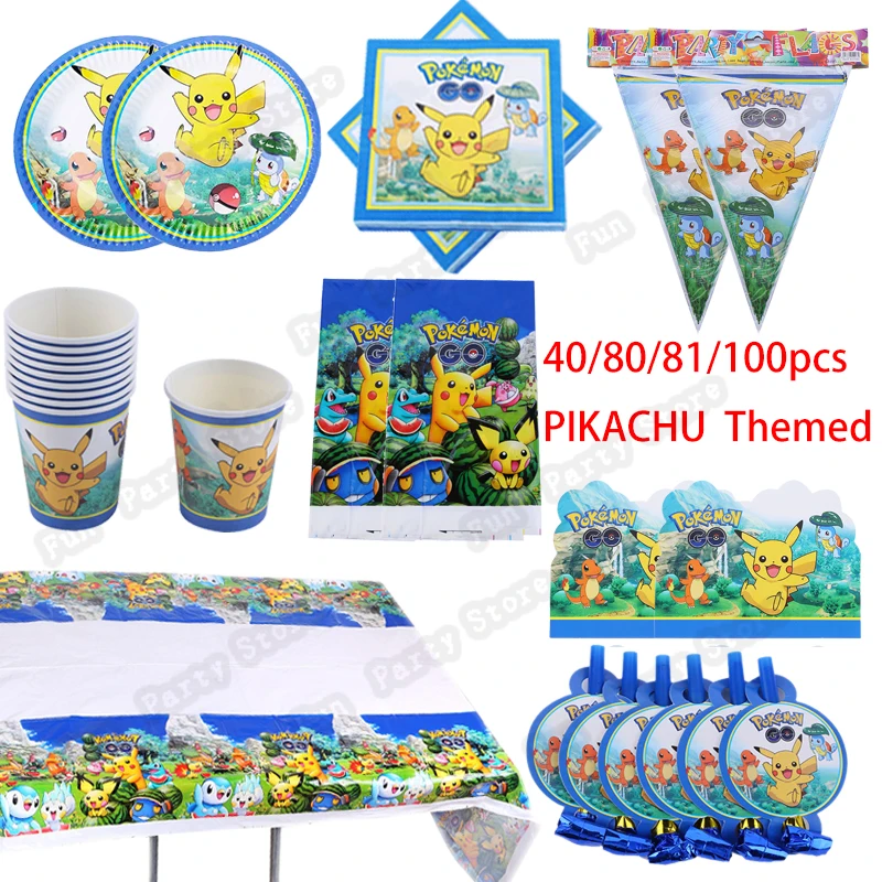40/80/81/100PCS Pokemon Pikachu Themed Baby Shower Party Decor Birthday Sets Banner Straw Cup Plate Tablecloth Supplies For Kids