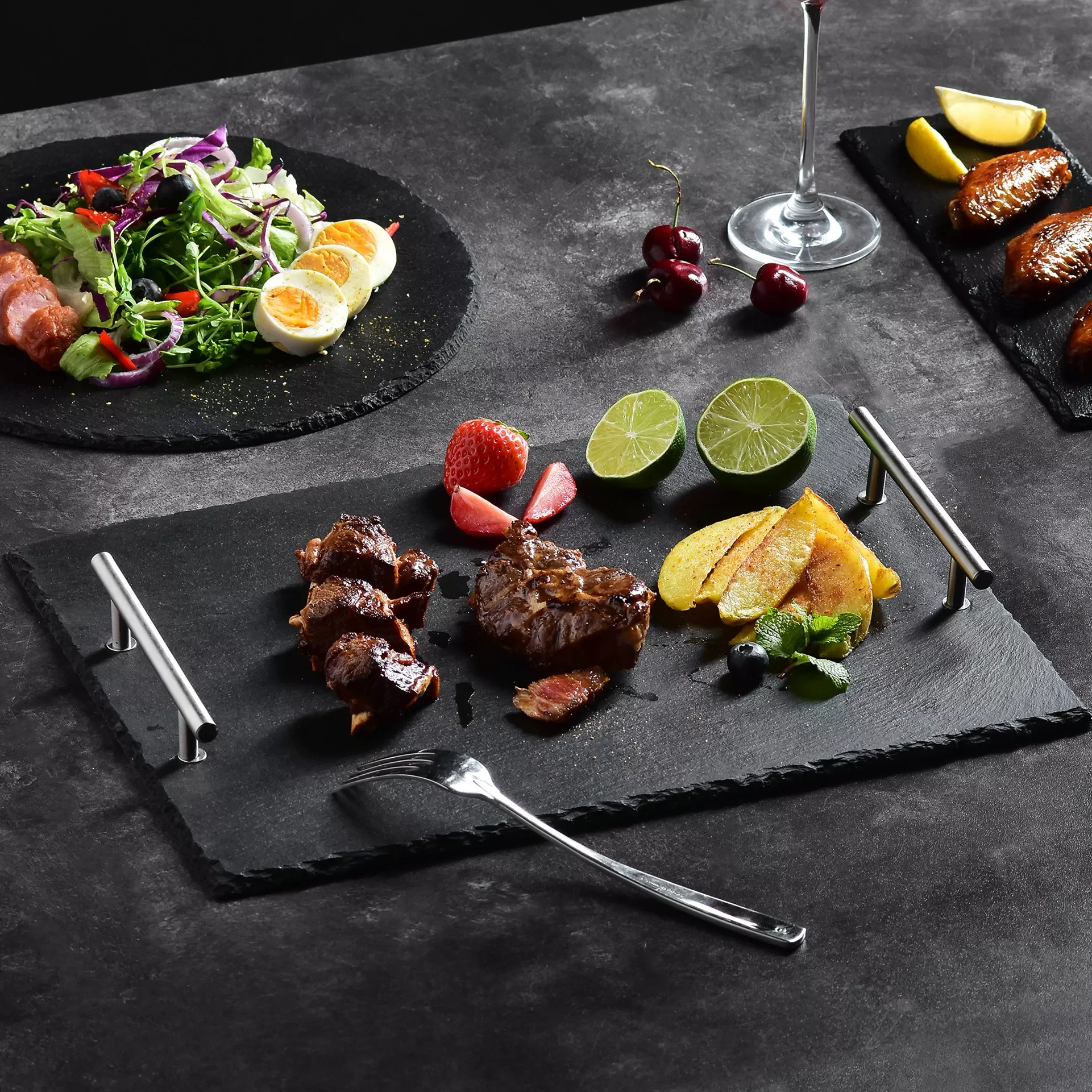 

NEW IN Natural Slate Stone Cheese Board Rectangle Sushi Steak Barbecue Pizza Flat Fruit Plate Coffee Mats with Carrying Handle