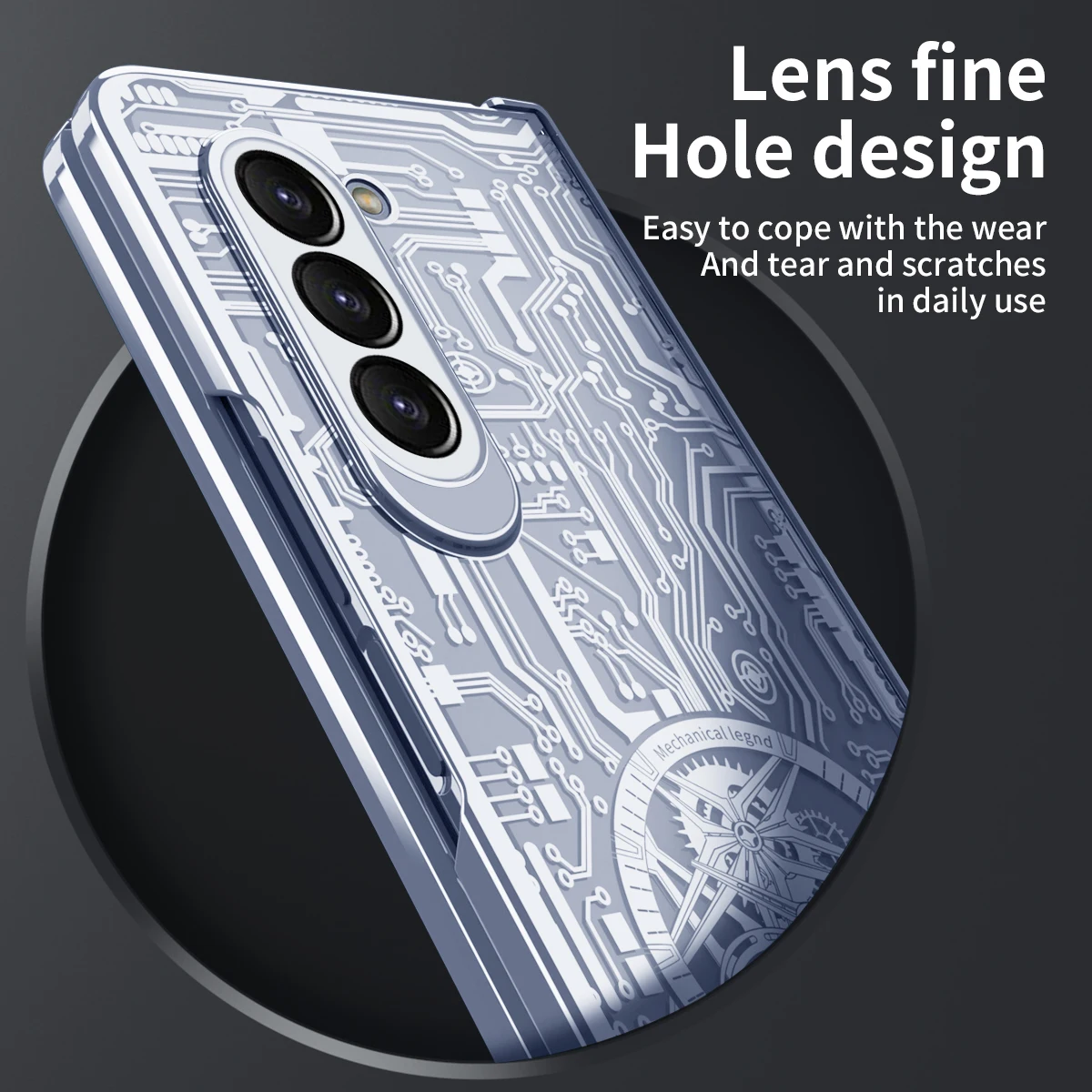 For Samsung Galaxy Z Fold 5 Case Electroplated Transparent Mechanical Pattern Folding Hinge With Tempered Film Shockproof Cover