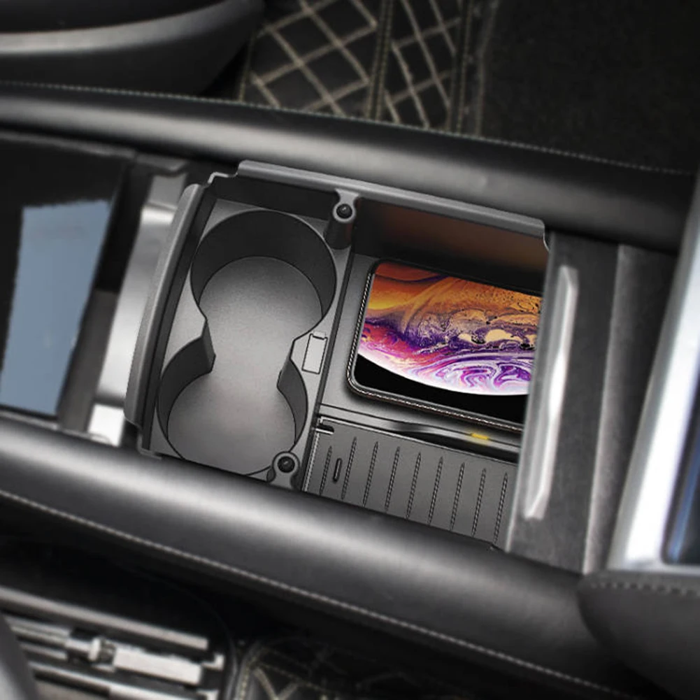 Cep telefonu kablosuz şarj cihazı Tesla Model S X aksesuarları kiti merkezi konsol saklama kutusu bardak tutucu şarj pedi iPhone