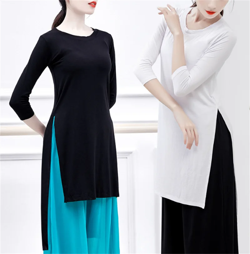 

Женский Классический танцевальный костюм, полупрозрачная быстросохнущая блузка с длинным рукавом и круглым вырезом, топ для танцев и трени...