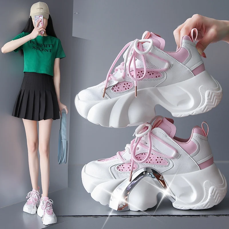 2023new Spring/Summer Shiny Sequins Thick Sole Women's Breathable Lace up Elevated Shoes Women's Fashion Cute Pink Sneakers