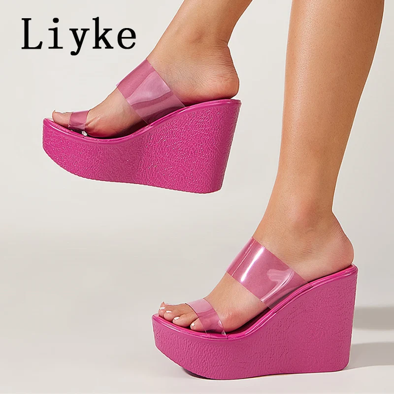 

Liyke New Fashion Open Toe Wedge Slippers Women Candy Color PVC Transparent Shoes Thick Bottom Platform High Heels Sandals Femal