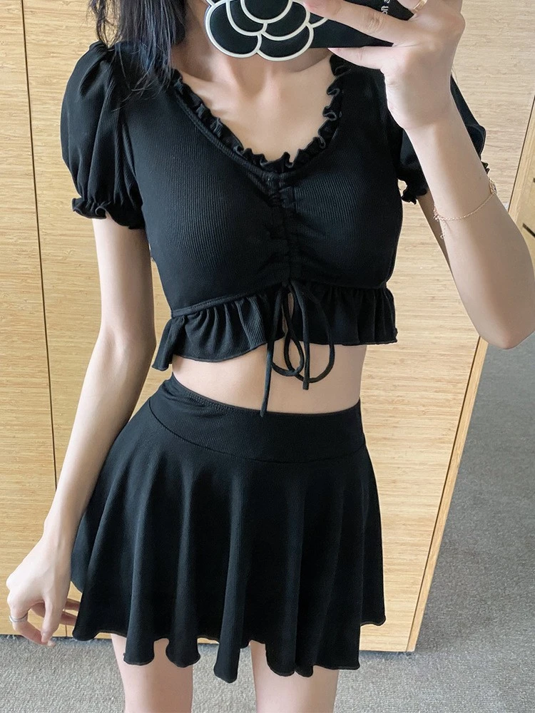 

Swimsuit Women Black Ruffle V-neck Drawstring Tshirt + Mini Pleated Skirt Two-Piece Suits 2022 Korean Student Swimsuit Holiday
