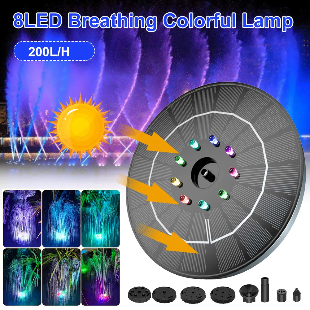 

Solar Bird Bath Fountain Pump Upgrade 3W Solar Fountain with 8 LED Light 3 Working Modes Floating Fountain Pump for Birdbath