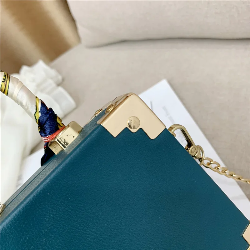 Box Bags Fashion Women Long Chains Shoulder Square Box Purse And Handbag Designer Metal Handle PU Crossbody Handbag With Scarves