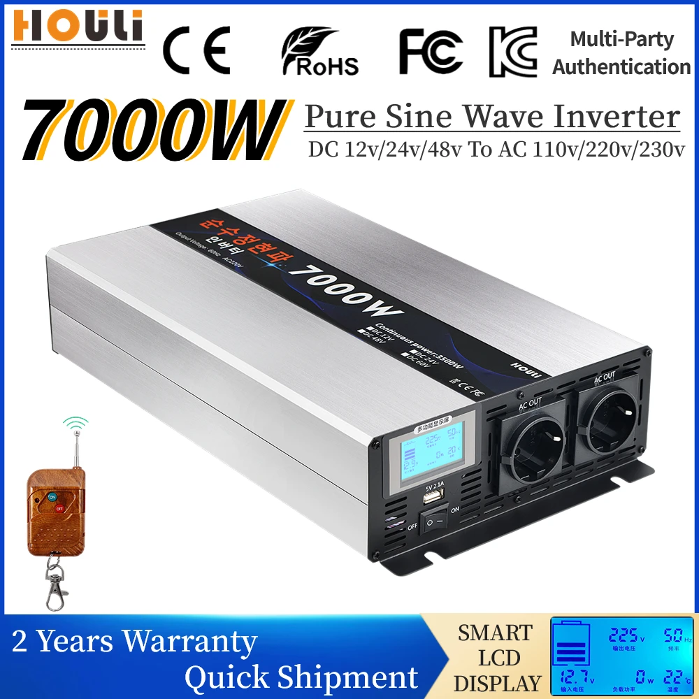 

5000W 6000W 7000W Pure Sine Wave Power Inverter DC 12v 24v To AC 110v 220v Volt Europe Converter Solar Car Transformer With USB