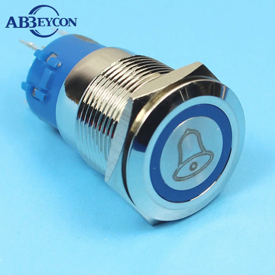 19 мм Мгновенный/ажурный дверной звонок с кольцом-символом, стандартное освещение 1NO1NC, плоская головка IP67, металлический кнопочный переключатель