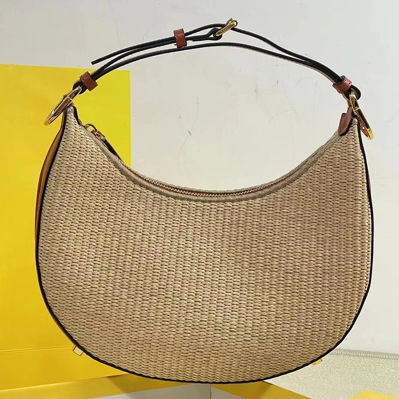 

Vintage woven Raffia Crescent handbag Women's new Crescent bag Fashion multi-functional large capacity shoulder bag underarm bag