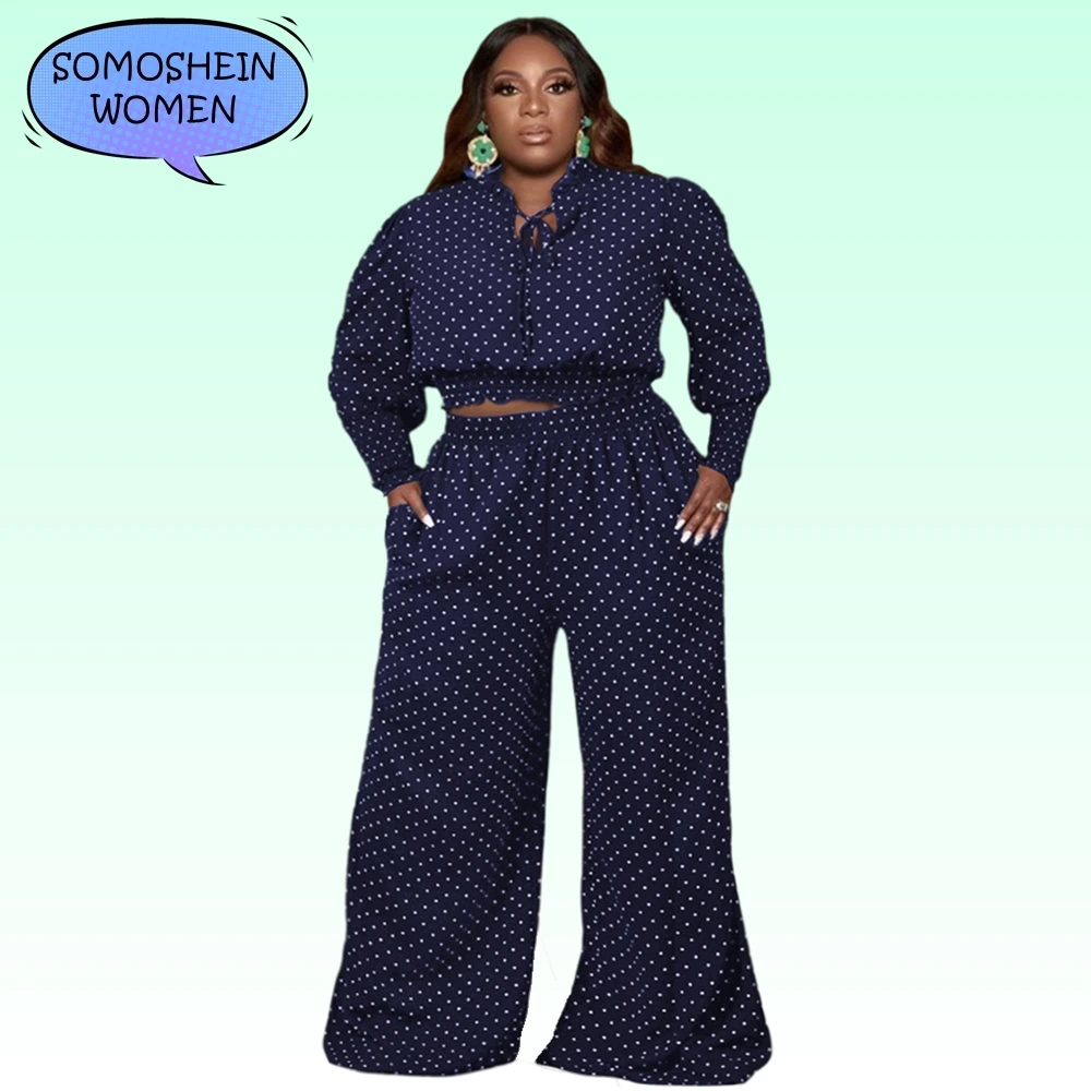 

Somoshein Plus Size Women's Clothing Fashion Polka Dot Print Casual Outfits Lovely Loose Matching Sets Elastic Wide Leg Pant Set