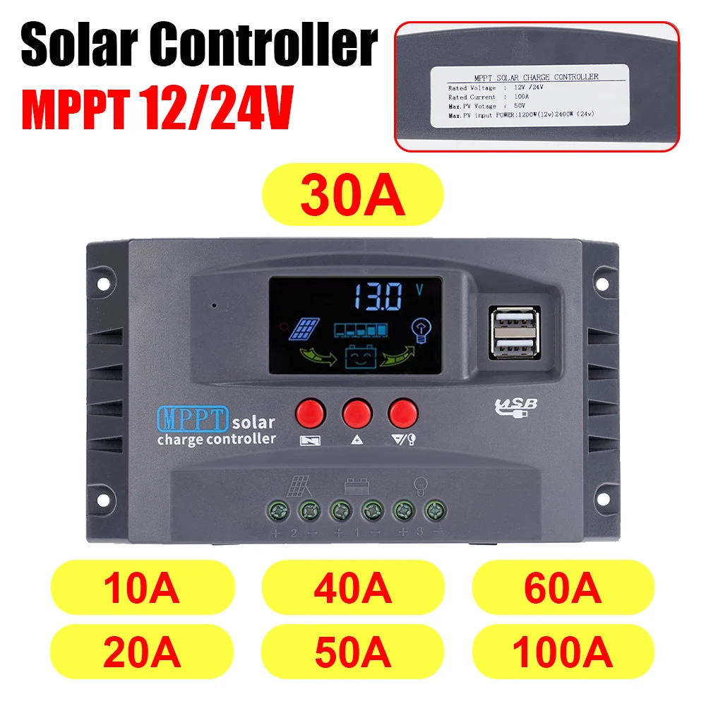 

10A-100A 12V/24V MPPT Solar Charge Controller 50VDC PV Regulator Solar Panel Colorful Screen For Lithium Lifepo4 GEL Lead Acid