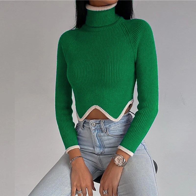 

Jocoo Jolee Fashion Turtleneck Patchwork Women Knitted Sweater 2022 Autumn Winter Green Pullover Y2K Slim Vintage Warm Jumper