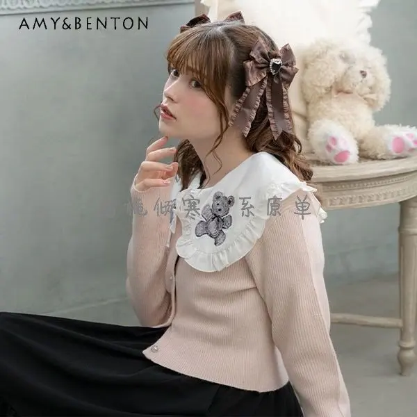 

Однотонный короткий свитер в японском стиле, пальто, женский кардиган на пуговицах с длинным рукавом, женская розовая вязаная куртка в стил...