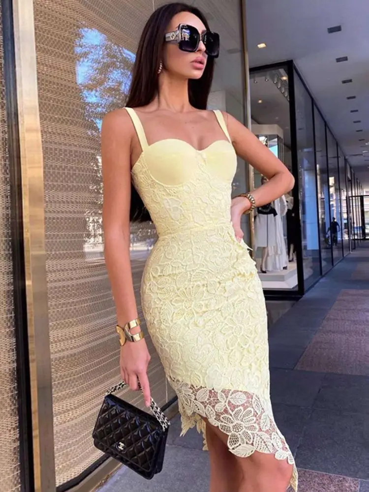 

2022 New Women'S Spaghetti Strap Lace Cutout Patchwork Irregular Midi Bandage Dress Bodycon Celebrity Club Party Runway Dress