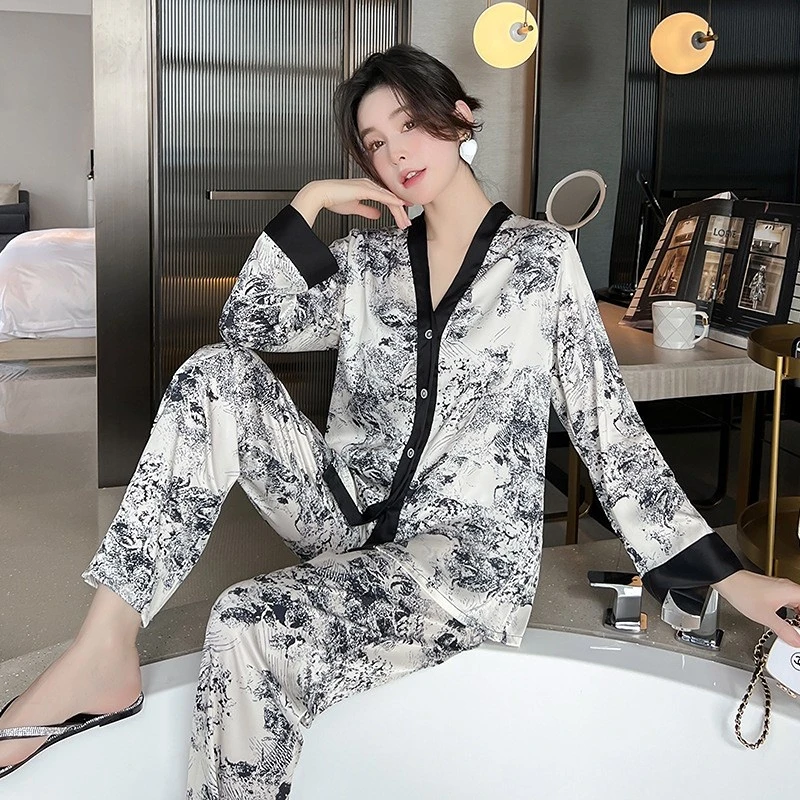 

Women 2 Piece Pajama Set Floral Pijama Faux Silk Satin Lapel Pyjama Female Sleepwear Long Sleeve Shirt Pants Homewear Loungewear