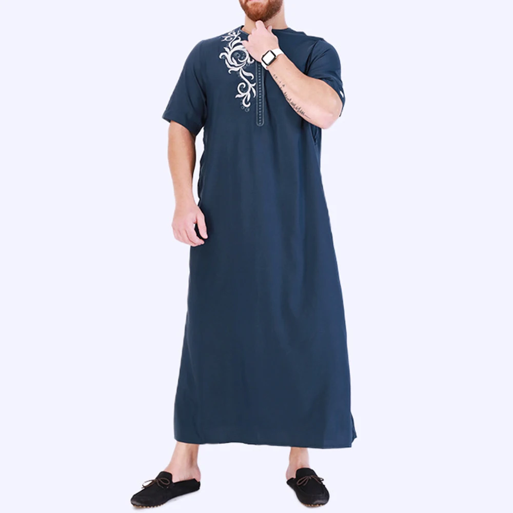 New Summer Arab Ethnic Dress Men Loose Embroidery Short Sleeve Top Worship Muslim Dubai Robe Middle East Islamic Prayer Clothing