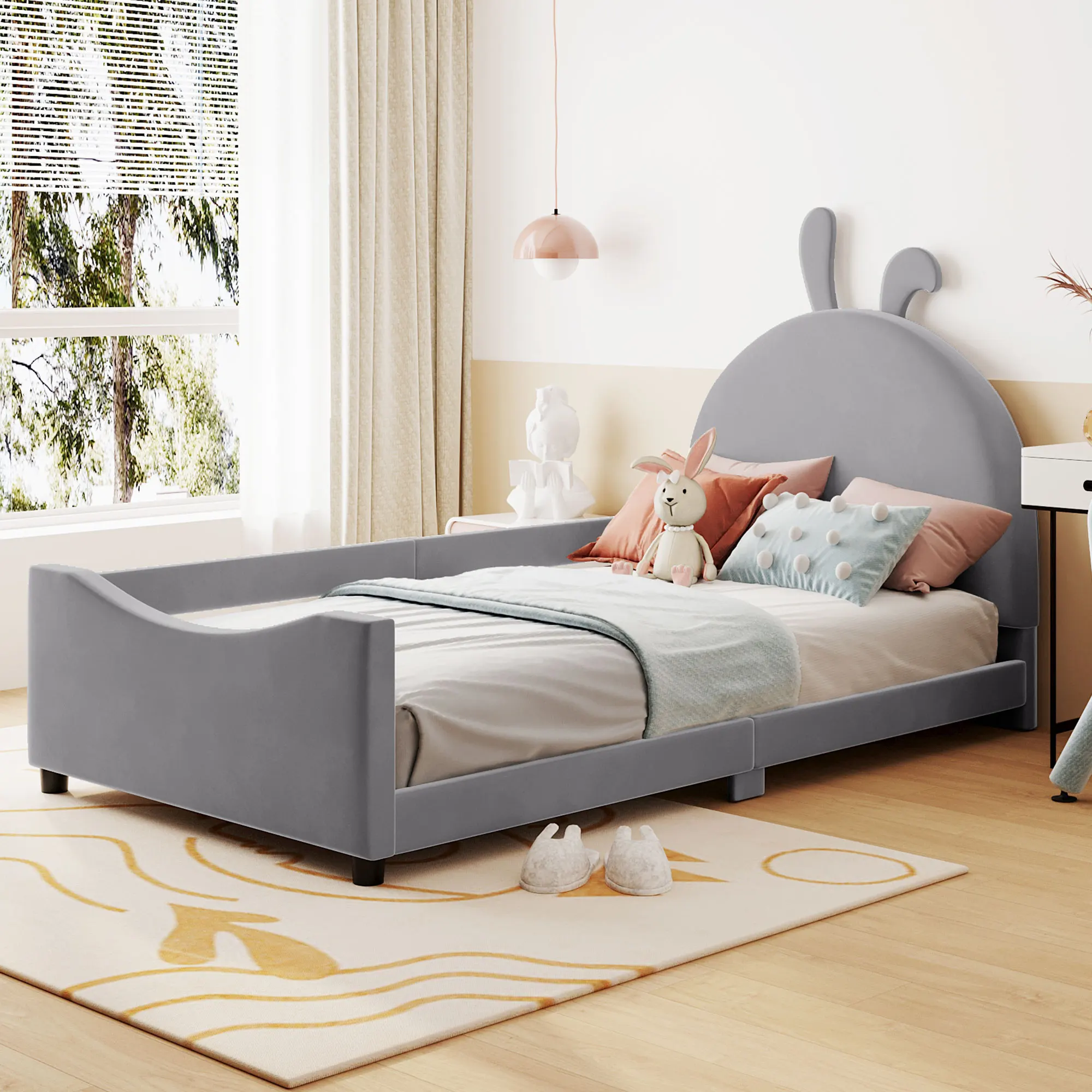 

Twin Size Upholstered Daybed with Rabbit Ear Shaped Headboard, Gray