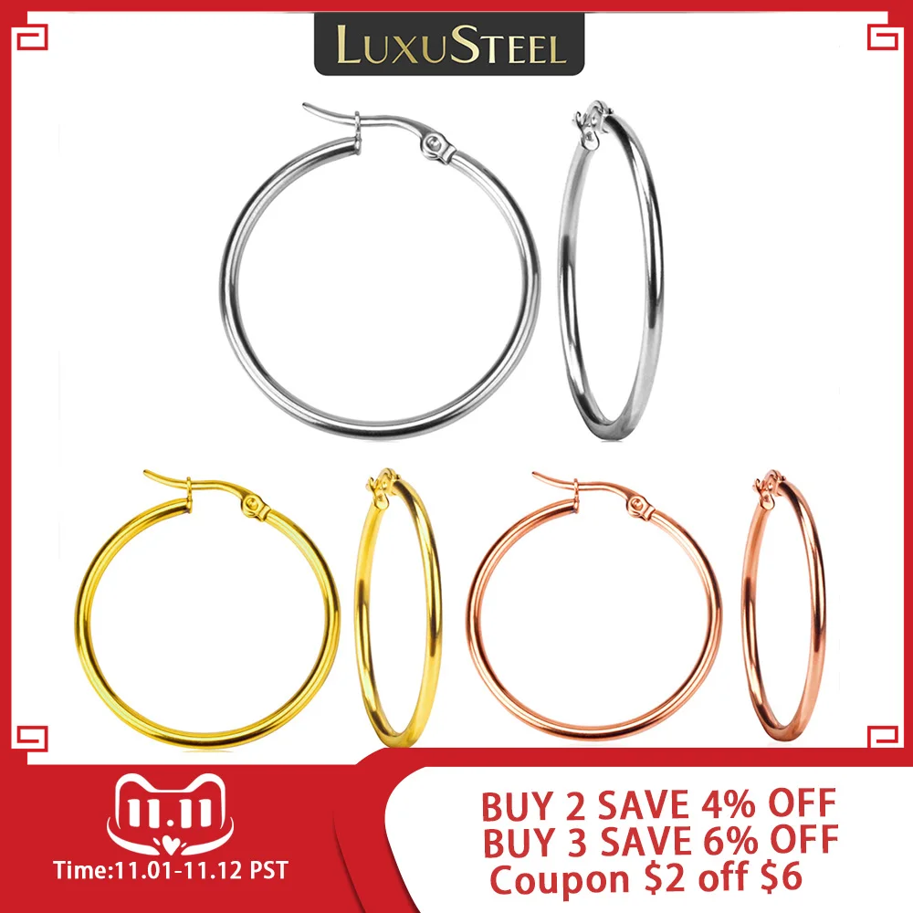 

LUXUSTEEL 1Pair/2Pcs Stainless Steel Hoop Earrings For Women Men Silver Color Round Small Big Circle Huggies Punk Jewelry10-65mm