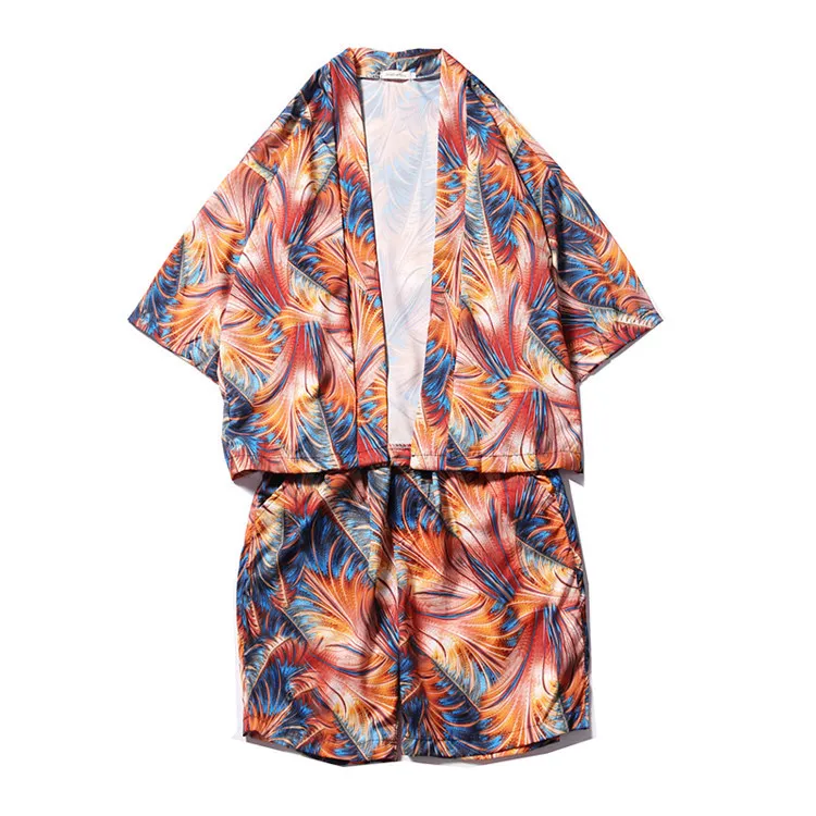 Teenager Spring Summer Print Leaves Men 2PCS Kimono Sets 3/4 Sleeve Cardigan Rayon Robe Pajamas Suit Casual Bathrobe Home Wear