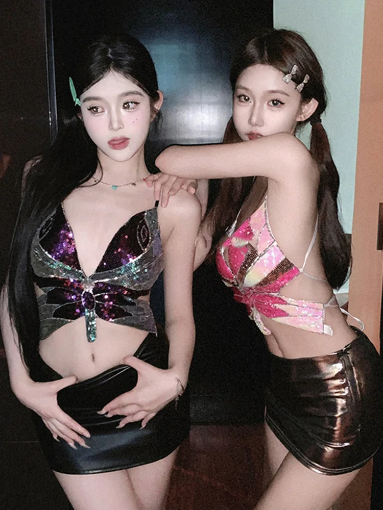 

Новое поступление, Женский Топ с блестками в форме бабочки, сексуальный летний топ на бретельках с глубоким V-образным вырезом и открытой спиной, Женский Топ