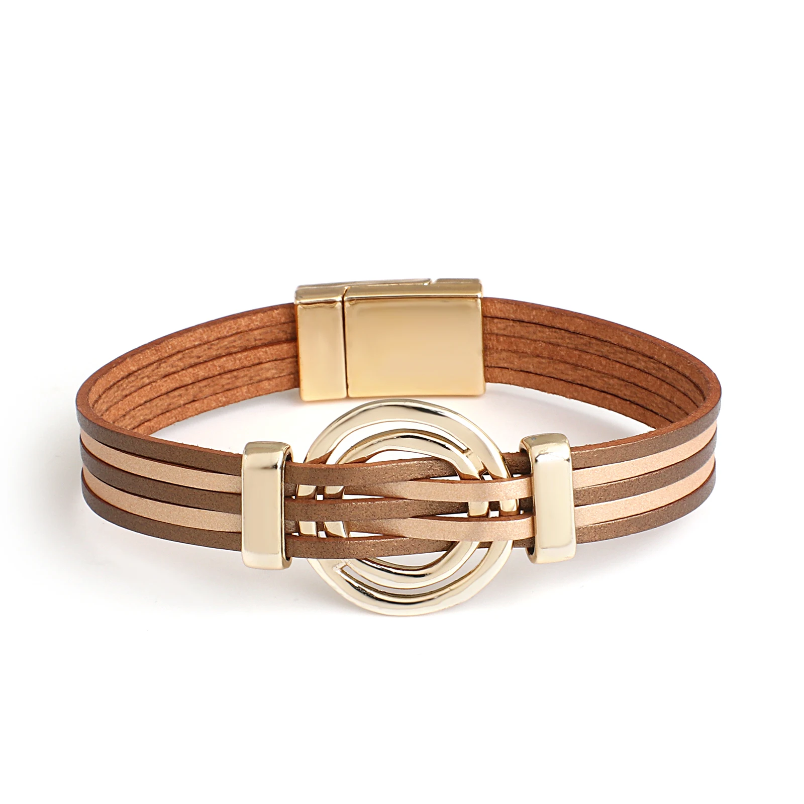 

ALLYES Charm Leather Bracelet for Women Magnetic Clasp Metal Double Circle Cuff Wrap Man Bracelet Bangle Fashion Jewelry Gifts