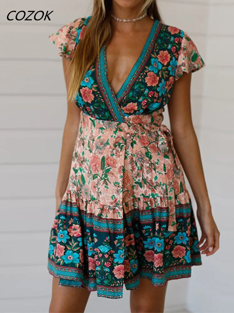 

Summer Pleated Print Dress Women V Neck Sexy Beach Office Casual Ladies Dresses 2023