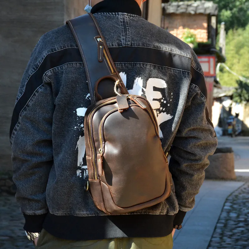 Vintage luxury crazy horse cowhide men's chest bag outdoor daily travel sport natural genuine leather teens party shoulder bag