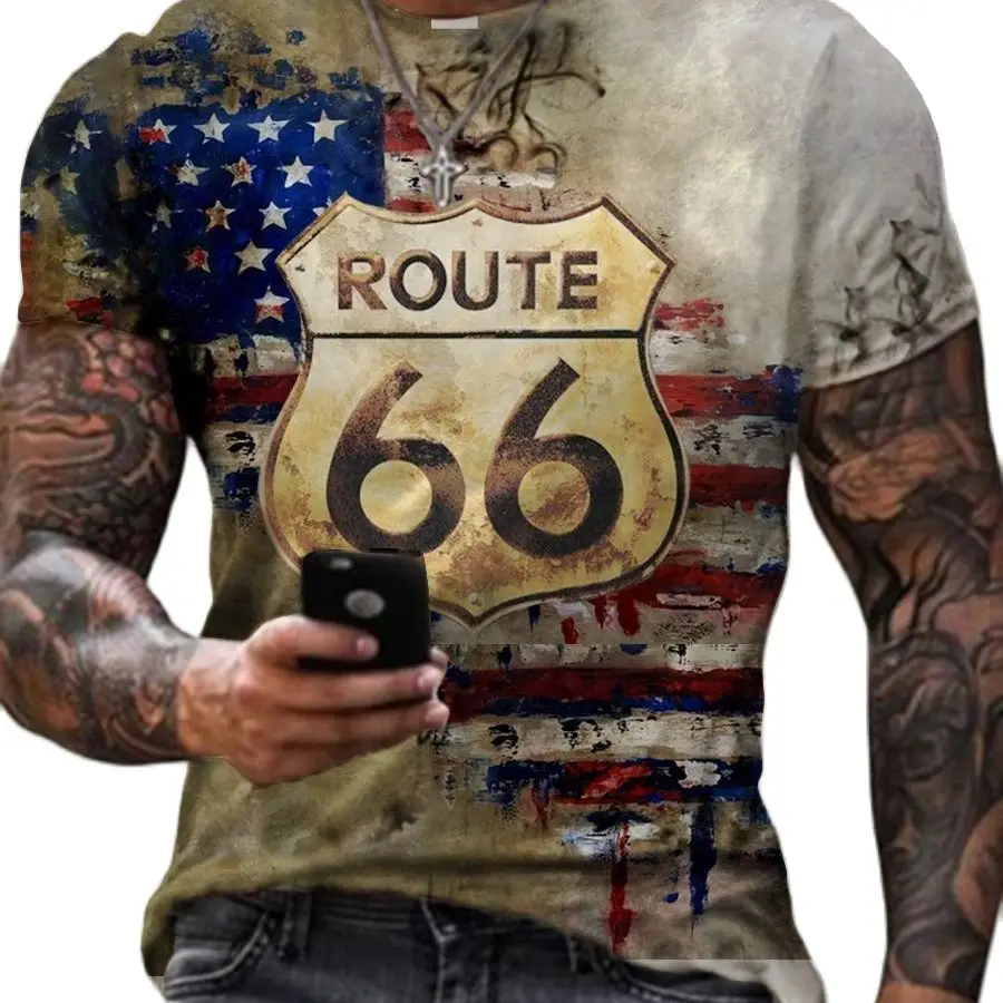 

Crew Neck Route 66 American Flag Short Sleeve Tops T-Shirts