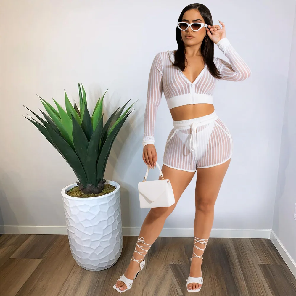 

Striped Sheer Mesh Black White 2 Piece Set Women Sexy Zipper Long Sleeve Hooded Crop Top + Shorts See Through Tracksuit Outfits