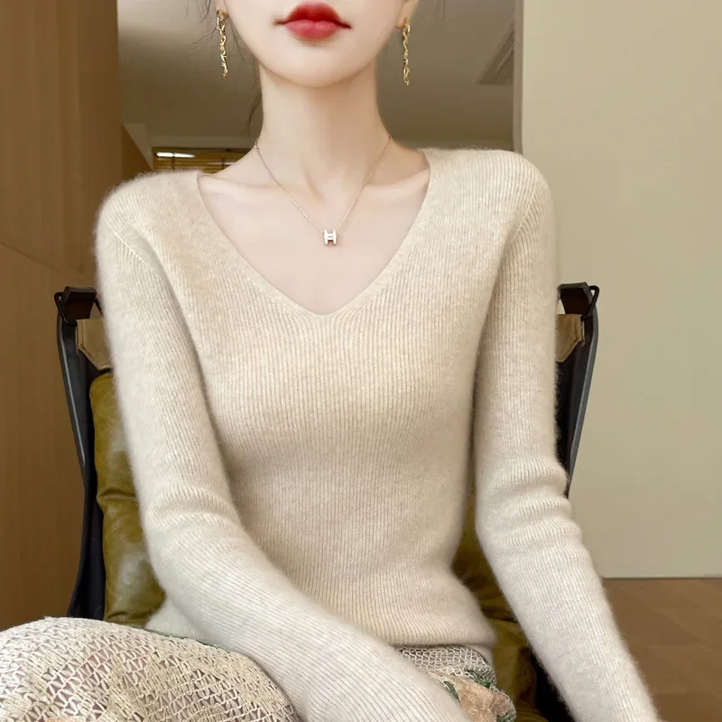 Утолщенный вязаный женский свитер с v-образным вырезом и длинными рукавами