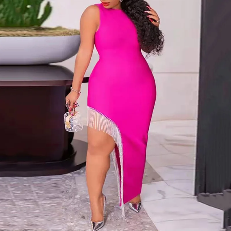 

Женское вечернее платье с круглым вырезом, розово-Красное Облегающее платье без рукавов с бахромой, с разрезом сбоку