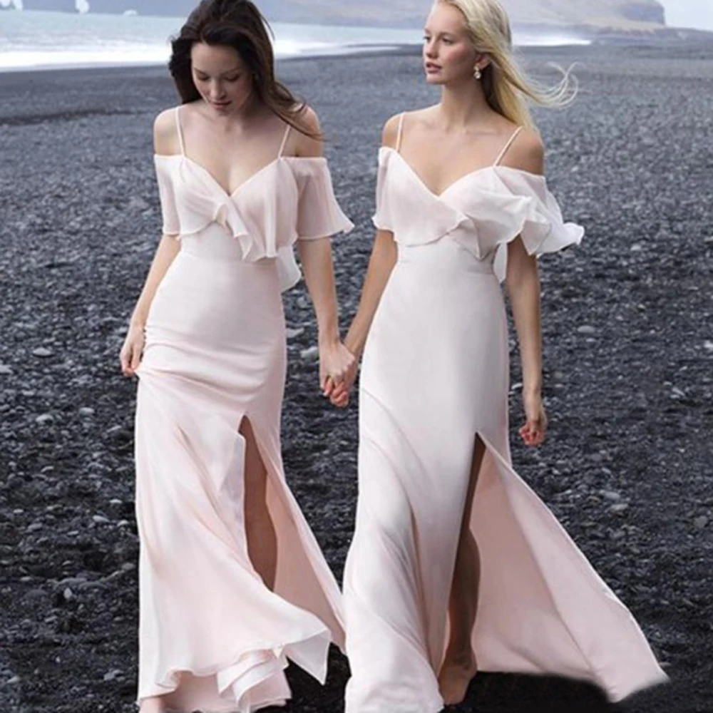 

Elehant Charming Pale Pink Bridesmaid Dresses Chiffon Side Split Maid of Honor Gowns Spaghetti Straps Wedding Guest Dresses