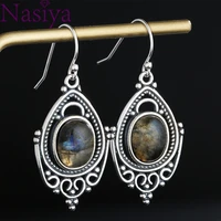 silver retro natural labradorite earrings for women oval 8x10mm stone vintage gift party ear stub earrings jewelry wholesale