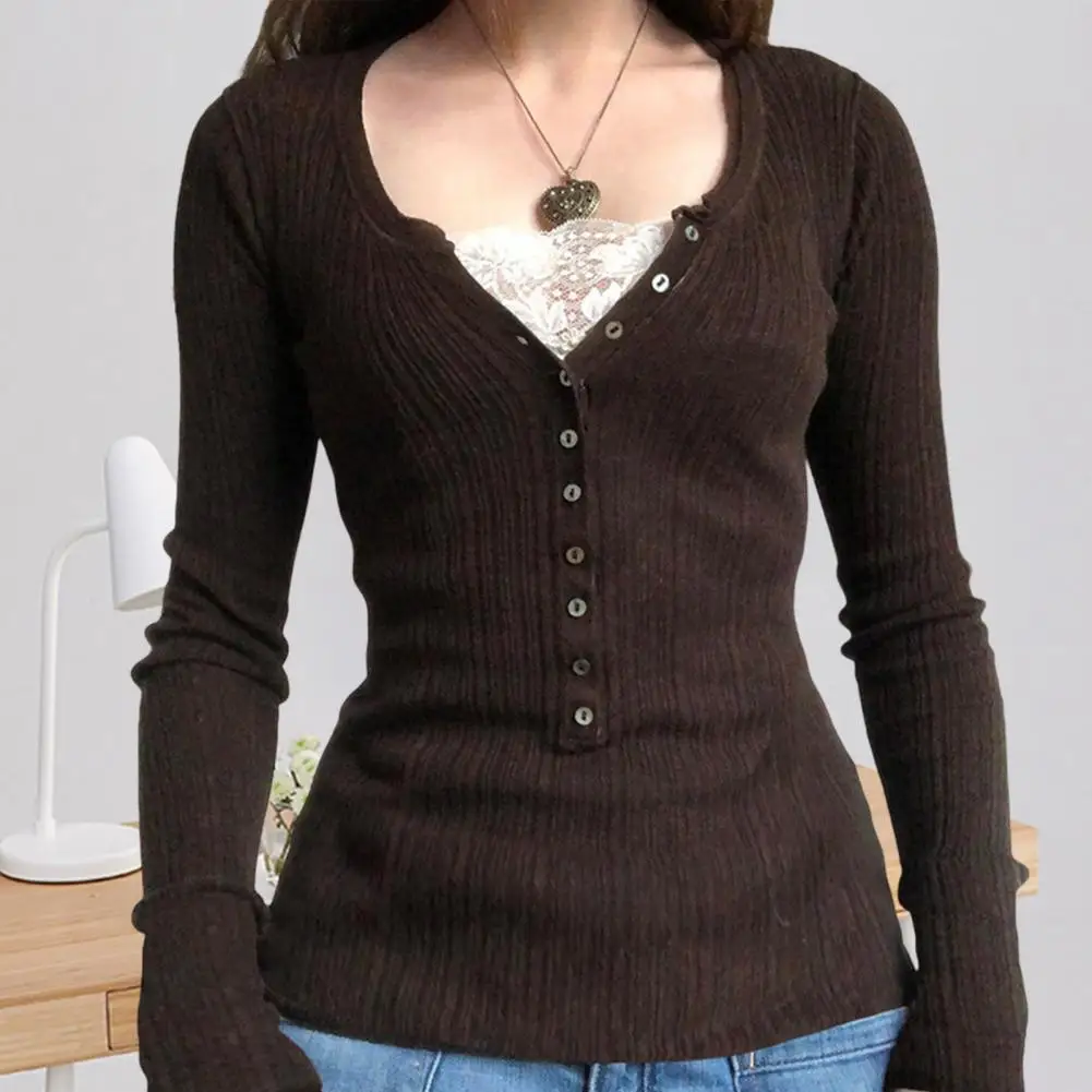 

Trendy Pullover Blouse Stretchy Bottoming Blouse Buttons Half Placket Simple Casual Lace Stitching Pullover T-shirt Versatile
